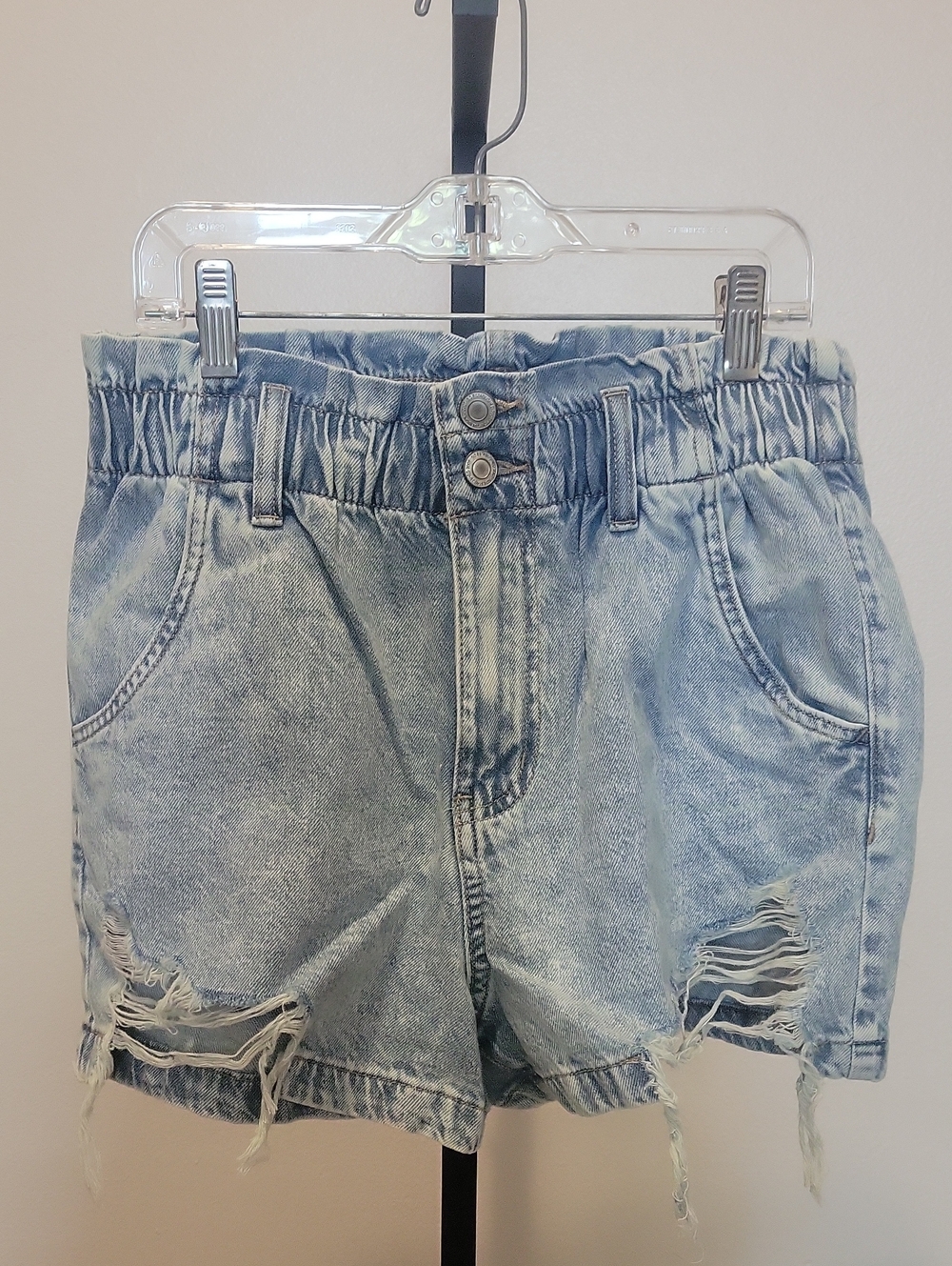 SO Light Blue Distressed Denim Paperbag Shorts